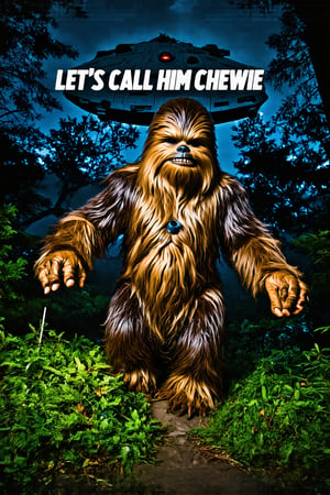 Chewbacca being abducted by millenium falcon in forest at night with text that says "Lets call him Chewie"