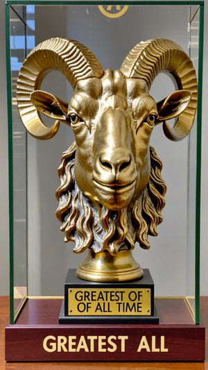 Photo of gold goat head trophy in trophy case with text bubble that says "greatest of all time"