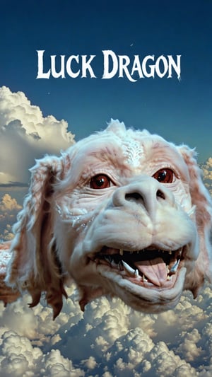 Photo of falkor in clouds with text that says "luck dragon" 