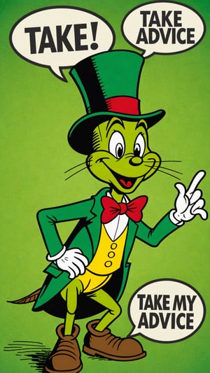Photo of jiminy cricket with a text bubble that says "take my advice"