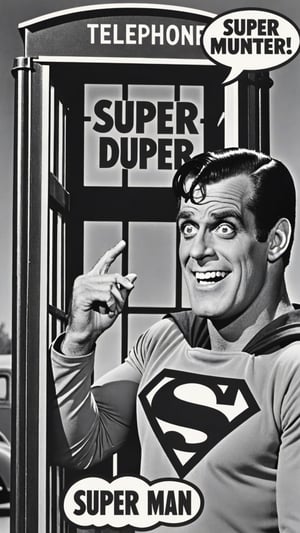 Black and white photo of Herman Munster as Superman in telephone booth with text bubble that says "super DUPER man"