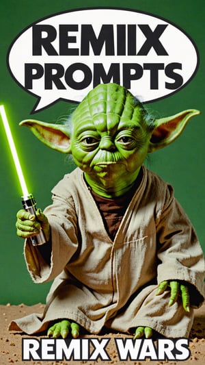 Photo of Yoda with text bubble that says "remix prompt wars" 