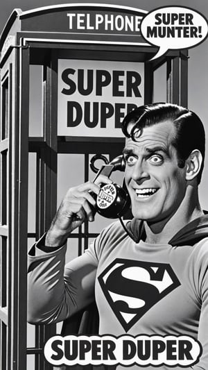 Black and white photo of Herman Munster as Superman in telephone booth with text bubble that says "super DUPER man"