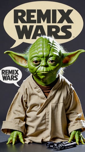 Photo of Yoda with text bubble that says "remix wars" 