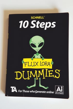 SCHNELL 10 STEPS FOR DUMMIES BOOK COVER,ALIEN WITH A SIGN THAT SAYS "FLUX LORA" ,TEXT ON THE BOTTOM THAT SAYS "FOR THOSE WHO GENERATE ONLINE",TA LOGO ON LEFT,AI LOGO ON RIGHT,BLACK BACKGROUND