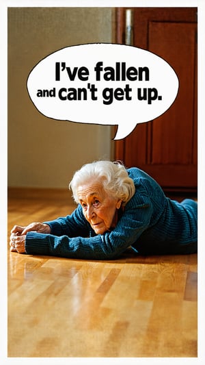 old woman lying on floor in commercial from 1980s with a text bubble that says "I've fallen and I can't get up"