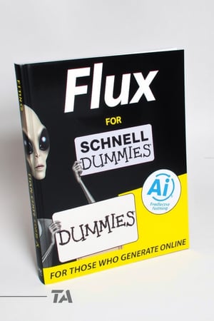 FLUX FOR DUMMIES BOOK COVER,ALIEN WITH A SIGN THAT SAYS "SCHNELL" ,TEXT ON THE BOTTOM THAT SAYS "FOR THOSE WHO GENERATE ONLINE",TA LOGO ON LEFT,AI LOGO ON RIGHT,