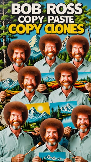 Photo of Bob Ross clones painting clones with text that says "copy paste clones" 