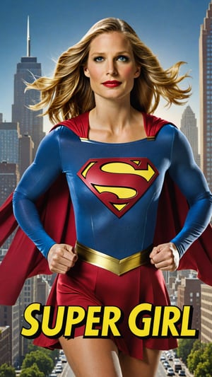Photo of Supergirl in city with text that says "super girl"