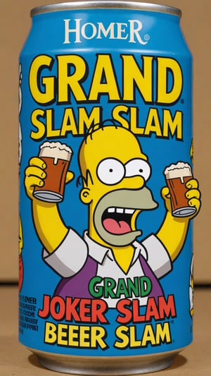 photo of Homer Simpson as Joker in beer can with text that says "grand slam"