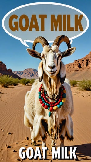 Photo of holy goat man shaman in desert with text bubble that says "goat milk?"