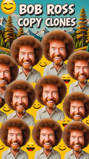 Photo of Bob Ross emoji clones painting emoji clones with text that says "copy paste clones" 
