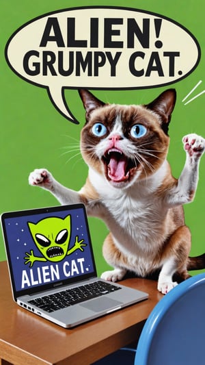 Photo doodle of Alien yelling at computer with a text bubble that says "Alien GRUMPY CAT" MEMES