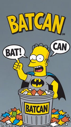 Photo of Bart Simpson as batman in garbage can with text bubble that says "Batcan"