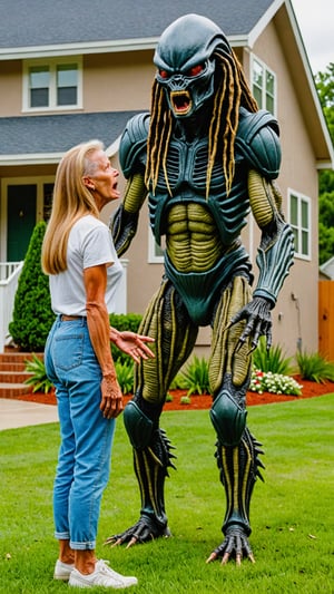 realistic, cinematic, an 8 foot tall alien from the 1987 movie Predator is being scolded by a 60 year old Karen from the local HOA because the grass in front of his house is too long, the Karen is gesturing at the grass and yelling, the Predator is very embarrassed