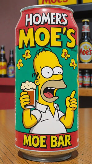 photo of Homer Simpson as Joker in beer can with text that says "moe's bar"