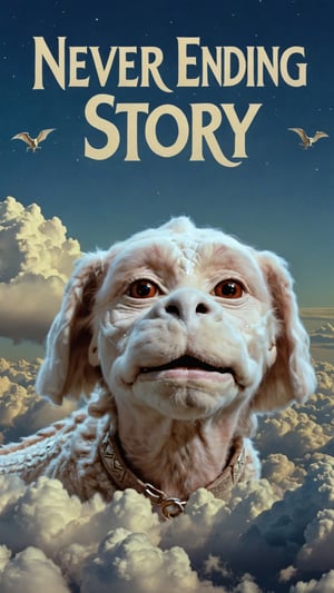 Photo of falkor in clouds with text that says "never ending story" 