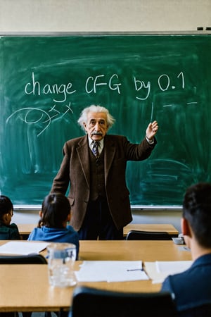 Photo of Albert Einstein teaching class with chalk writing on chalkboard that says "change CFG by 0.1"