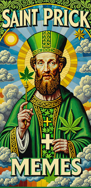 (masterpiece, best quality, ultra-detailed), image of Saint Patrick in clouds, cannabis mosaic, with text that says "Memes XL"