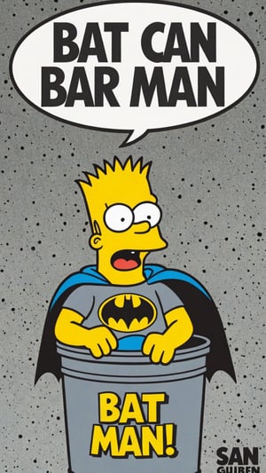 Photo of Bart Simpson as batman in garbage can with text bubble that says "Bat can Bart man"