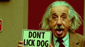 Photo of Alberto Einstein sticking out tongue with a sign that says "Dont Lick Your dog"