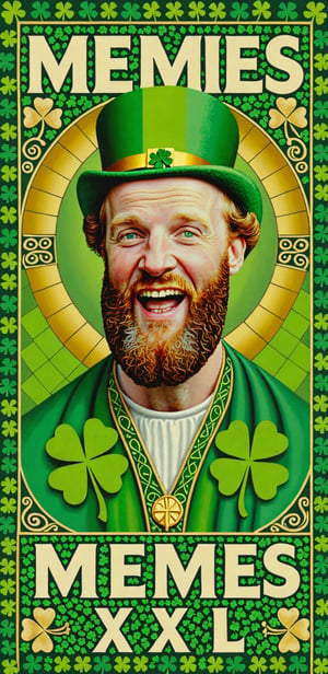 (masterpiece, best quality, ultra-detailed), Image of a meme Saint Patrick, four leaf clover mosaic, with text that says "Memes XL"
