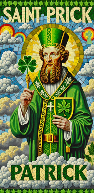 (masterpiece, best quality, ultra-detailed), image of Saint Patrick in clouds, cannabis mosaic, with text that says "Patrick"