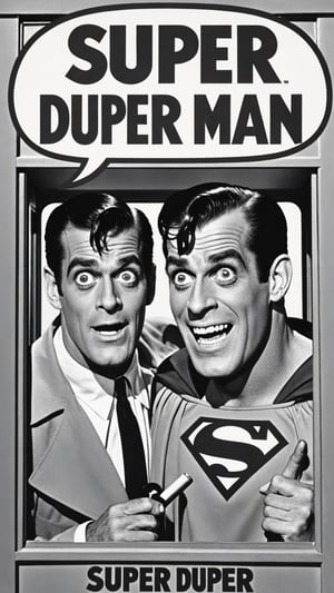 Black and white photo of Herman Munster as Superman in telephone booth with text bubble that says "super DUPER man"