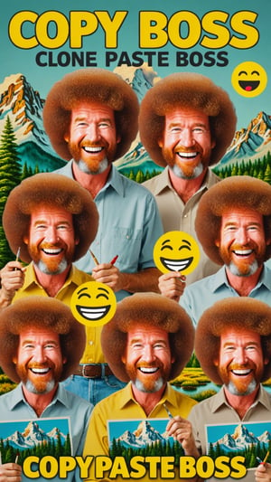 Photo of emoji Bob Ross clones painting clones with text that says "copy paste clone BOSS" 
