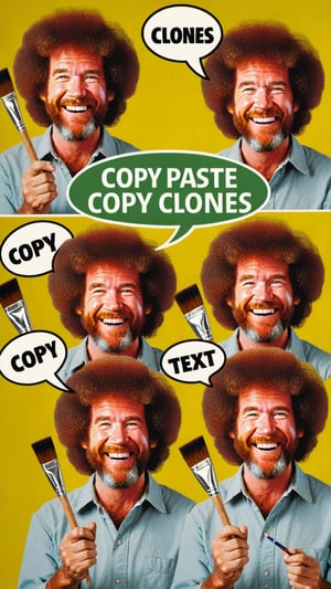 Photo of Bob Ross clones painting clones with a text bubble that says "copy paste clones"