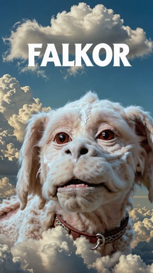 Photo of falkor in clouds with text that says "Falkor" 