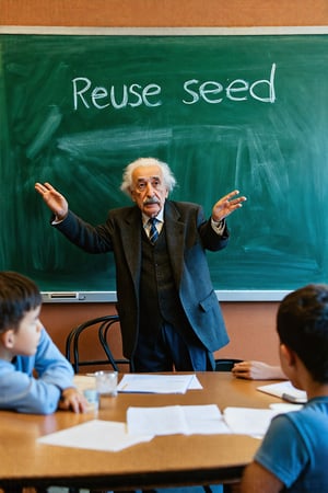 Photo of Albert Einstein teaching class with chalk writing on chalkboard that says "reuse seed"