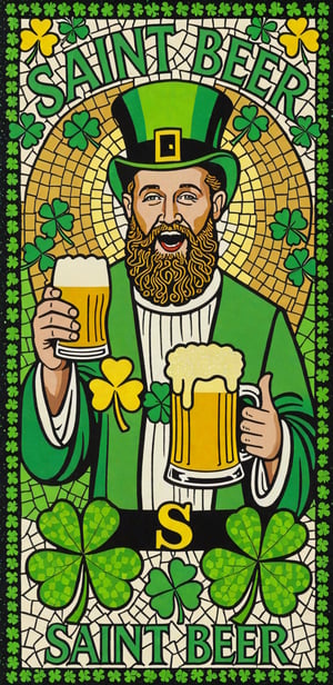 (masterpiece, best quality, ultra-detailed), Image of a drunk Saint Patrick, four leaf clover mosaic, with text that says "Saint Beer"