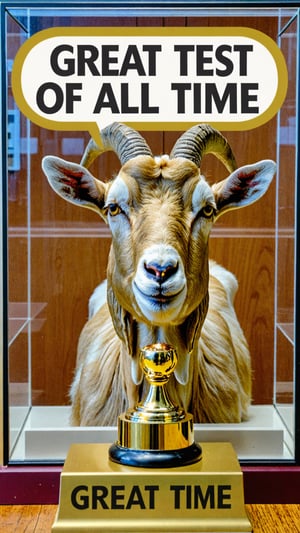 Photo of gold goat in trophy case with text bubble that says "great test of all time"