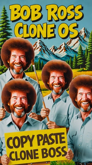Photo of Bob Ross clones painting clones with text that says "copy paste clone BOSS" 