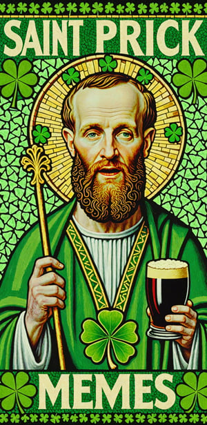 (masterpiece, best quality, ultra-detailed), Image of Saint Patrick, four leaf clover mosaic, with text that says "Memes XL"