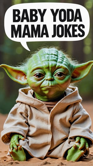 Photo of Yoda with text bubble that says "baby yoda mama jokes"