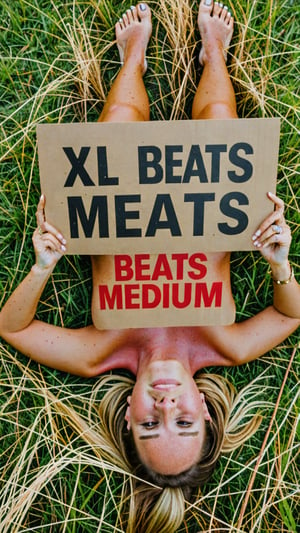 Photo of woman lying on the grass with a sign that says "XL beats meats Medium"
