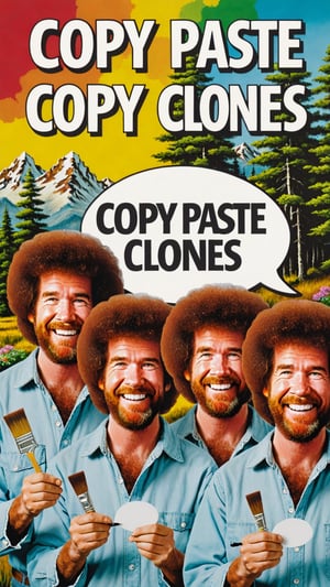Photo of Bob Ross clones painting clones with a text bubble that says "copy paste clones"
