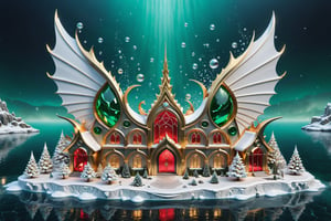 High definition photorealistic render of a luxury Beautiful mythical Christmas scene a mysterious and town at night with and many houses impregnated with Christmas, in red, green and white colors, a scene with sculptural sculpted ornament, in the background of the sea, with fish and marine life and bubbles, ice effects, with fluid and organic shapes, with precious stones, metal and marble, gold, with a background where a parametric sculpture with dragon wings appears, in metal, marble and iridescent glass, with precious diamonds, with symmetrical curves in the shape of wings on a marble background, black and white details, chaotic swarowski, inspired by Zaha Hadid's style, gold iridescence, with black and white details. The design is inspired by the main stage of Tomorrowland 2022, with ultra-realistic Art Deco details and a high level of iridescence of image complexity, a photograph with professional photography parameters with focal aperture and depth of field and ISO
