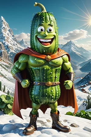 High definition photorealistic render of an incredible and mysterious character of a vegetable mr. cucumber warrior whith this vegetable around the character, with men muscles and a big smile, with boots and capes, in a mountains snow, with luxurious details in marble and metal and details in parametric architecture and art deco, the vegetable It must be the head of the character full body pose fruit, themed fruit and fruit themed costumes