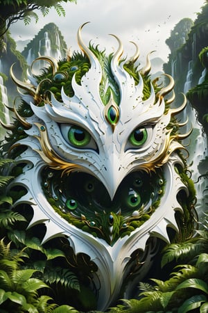 High definition photorealistic render of an incredible and mysterious futuristic mythical creating creature inusual whit multiples eyes, with many and many eyes. in splosion monster with parametric shape and structure in the word, curved and fluid shapes in a thick jungle full of a lot of vegetation and trees with vines and rocks with moss, in white marble with intricate gold details, luxurious details and parametric architectural style in marble and metal, epic pose
​