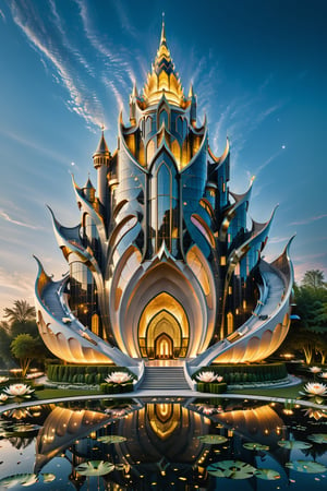 (best quality,  highres,  ultra high resolution,  masterpiece,  realistic,  extremely photograph,  detailed photo,  8K wallpaper,  intricate detail,  film grains), luxurious surreal scene of a giant vertical castle with dragon and hypersound rocket in parametric style, with flowing curves in black and white marble, gold metal and iridescent glass, inspired by Zaha Hadid, symmetrical, flowing curves and pointed corners, an aggressive design and imposing with art deco style details, located in a city in a field of bioluminescent water lilies and fireflies, Temperate, fresh water