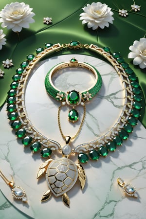 Photorealistic render in high definition of a jewelry set that includes a necklace, a bracelet, a ring and a pair of earrings, made of diamonds and white and green precious stones, this entire set must be themed in the shape of a turtle until presentation, the background must include feathers and flowers on a fabric background, iridescent glass and marble and luxurious oriental external decoration, full of elegant mystery, symmetrical, geometric and parametric details, Technical design, Ultra intricate details, Ornate details, Stylized details, Cinematic lighting, 8k, Unreal, Photorealistic, Hyperrealism, CGI, VFX, SFX