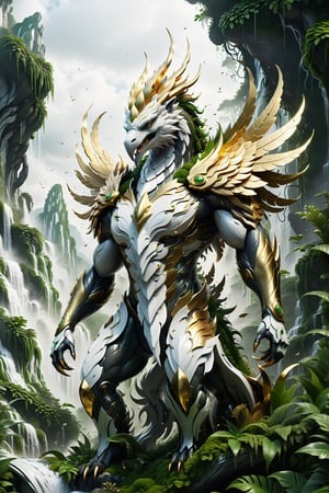 High definition photorealistic render of an incredible and mysterious futuristic mythical creating creature inusual with scales, hair, wings and feathers, in splosion monster with parametric shape and structure in the word, curved and fluid shapes in a thick jungle full of a lot of vegetation and trees with vines and rocks with moss, in white marble with intricate gold details, luxurious details and parametric architectural style in marble and metal, epic pose
​