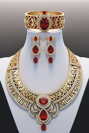 Photorealistic render in high definition of a beautifully presented jewelry set that includes necklace, bracelet, ring and earrings, with oriental style, symmetrical, geometric and parametric details, Pattern, Happy fantasy, bright and shiny mood and state of mind. ineffably mysterious mood, Technical design, Ultra intricate details, Ornate details, Stylized, futuristic and biomorphic details, Architectural concept, Low contrast details, Cinematic lighting, 8k, Moebius, Fullshot, Epic, Fullshot, Octane render, Unreal, Photorealistic, Hyperrealism,perfect eyes