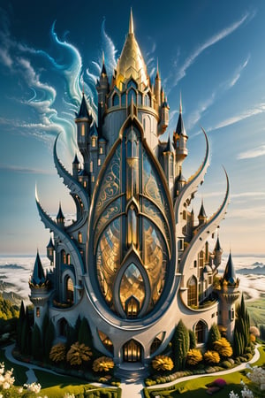 (best quality,  highres,  ultra high resolution,  masterpiece,  realistic,  extremely photograph,  detailed photo,  8K wallpaper,  intricate detail,  film grains), luxurious surreal scene of a giant vertical castle with dragon and hypersound rocket in parametric style, with flowing curves in black and white marble, gold metal and iridescent glass, inspired by Zaha Hadid, symmetrical, flowing curves and pointed corners, an aggressive design and imposing with details in art deco style, located in a shocking, magical and resplendent dreamscape in a field of bioluminescent flowers that react to touch and change color with a temperate climate, magical atmosphere, and fleeting glows
