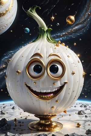 High definition photorealistic render of an incredible and mysterious character onion with eyes and smile located in interstellar space with planets, shooting stars, meteorites, cosmic matter and interstellar space with stars, a vegetable that colonized a new place, in white marble with intricate gold details, luxurious details and parametric architectural style in marble and metal, epic pose
​