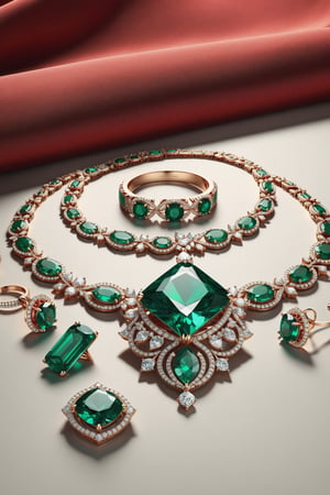 Photorealistic render in high definition of a diamond and emerald red jewelry set with a beautiful presentation that includes a necklace, bracelet, ring and earrings, on a background of fabric and marble and luxurious oriental decoration, a blurred background and full of elegant mystery, details symmetrical, geometric and parametric, Technical design, Ultra intricate details, Ornate details, Stylized, futuristic and biomorphic details, Architectural concept, Low contrast details, Cinematic lighting, 8k, Moebius, Fullshot, Epic, Fullshot, Octane render, Unreal, Photorealistic, Hyperrealism
