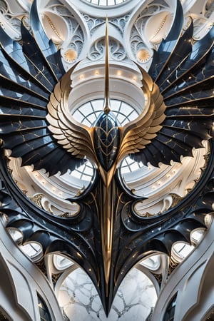 (best quality,  highres,  ultra high resolution,  masterpiece,  realistic,  extremely photograph,  detailed photo,  8K wallpaper,  intricate detail,  film grains), luxurious parametric sculpture in marble on a iterestellar sace light, in metal of a mega rocket with giant glass wings, inspired by the sculptural designs of Zaha Hadid, it must be symmetrical and with shapes similar to the wings, and in the middle there must be a sword with a throne-style gothic design and general everything with very fluid curves and pointed corners, an aggressive and imposing design with a lot of details in each parametric curve, the design should be inside a castle with marble, details in precious stones